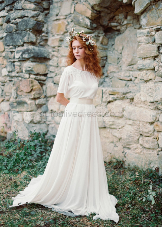 Elbow Sleeve Beaded Ivory Lace Chiffon Wedding Dress